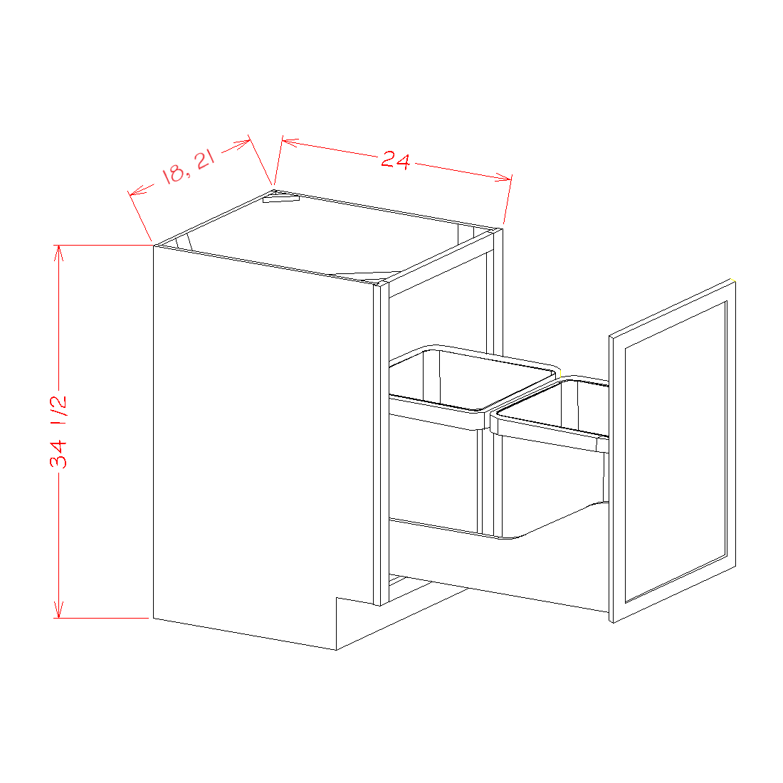Shaker Black Full Height Door Base with Double Trashcan Pullout - 18"W x 34-1/2"H x 24"D -1D-2TC