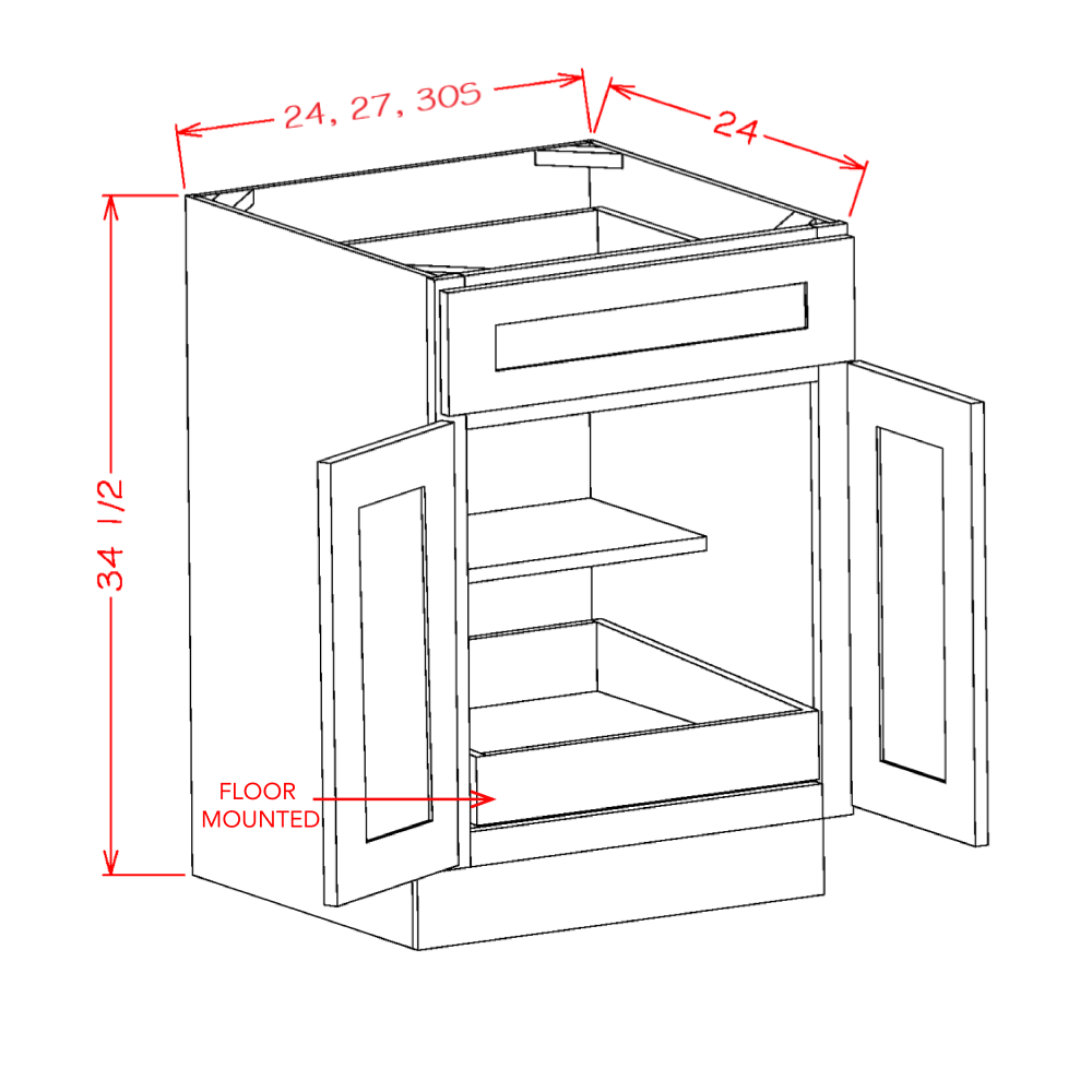 Shaker Black One Rollout Shelf Base Cabinet Kit - 30"W x 34-1/2"H x 24"D -2D-2DR-1RSA