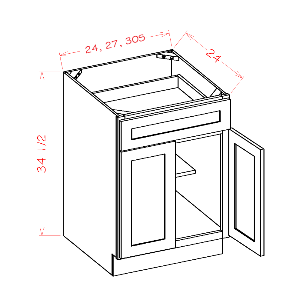 Oxford White Base Cabinet - 27"W x 34-1/2"H x 24"D -2D-1DR-1S