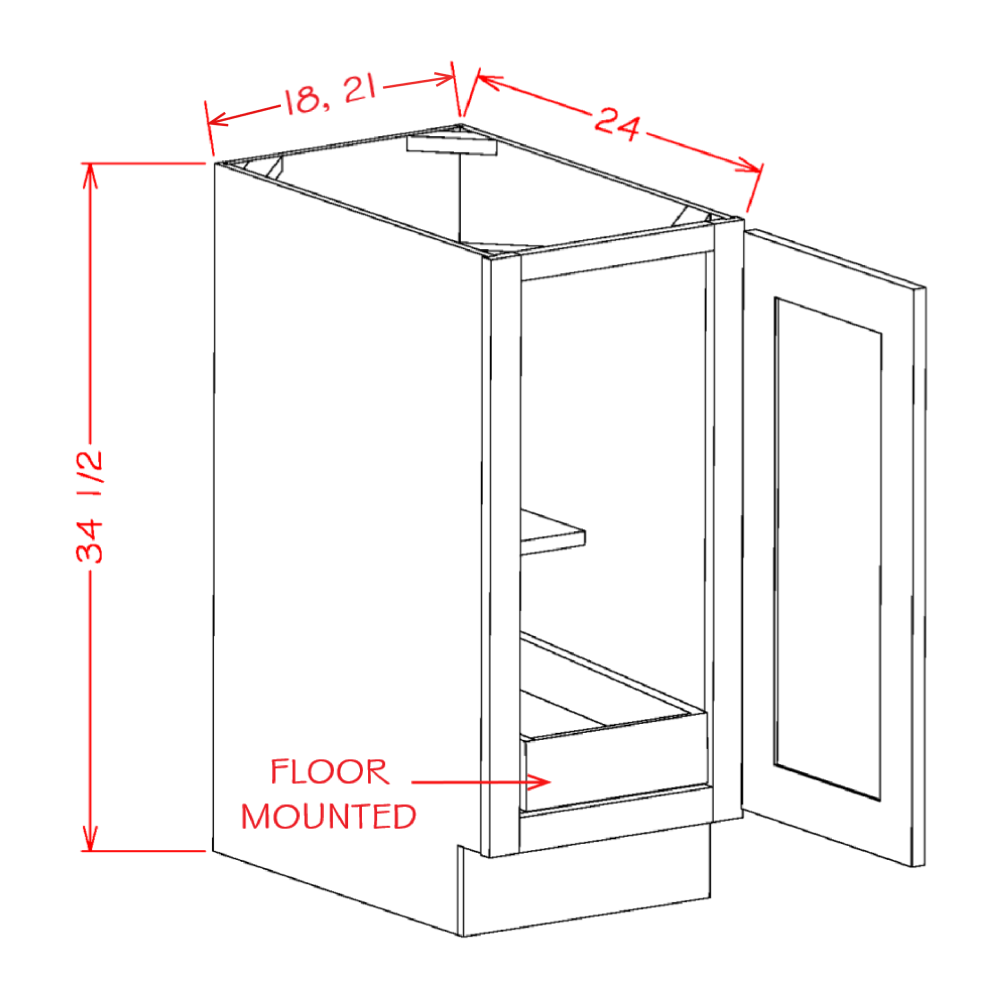 Shaker Cinder Full Height Door One Rollout Shelf Base Cabinet Kit - 21"W x 34-1/2"H x 24"D -1D-1RSA