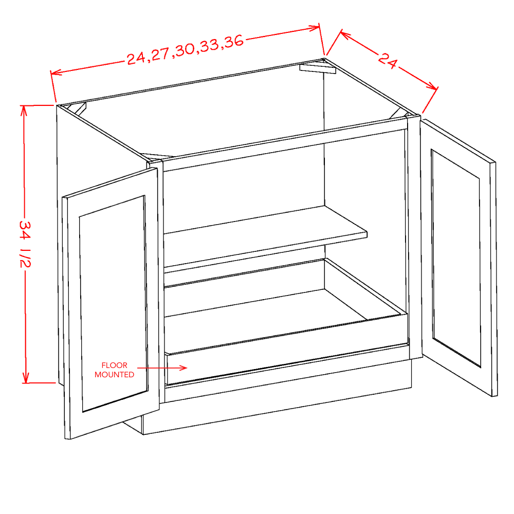 Shaker Black Full Height Door One Rollout Shelf Base Cabinet Kit - 27"W x 34-1/2"H x 24"D -2D-1RSA