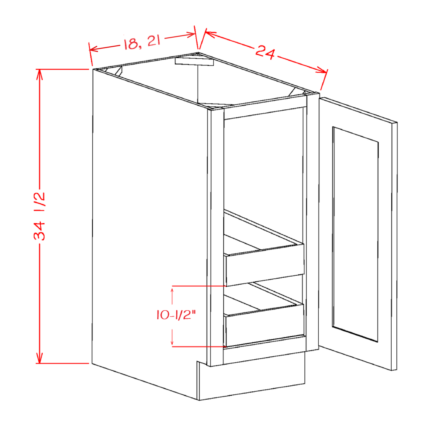 Shaker Black Full Height Door Two Rollout Shelf Base Cabinet Kit - 18"W x 34-1/2"H x 24"D -1D-2RSA