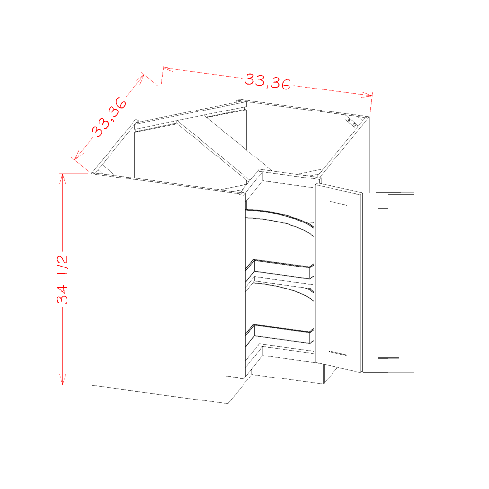 Oxford Toffee Base Easy Reach Cabinet with Two Lazy Susan Trays - 33"W x 34-1/2"D x24"D -1D-1S