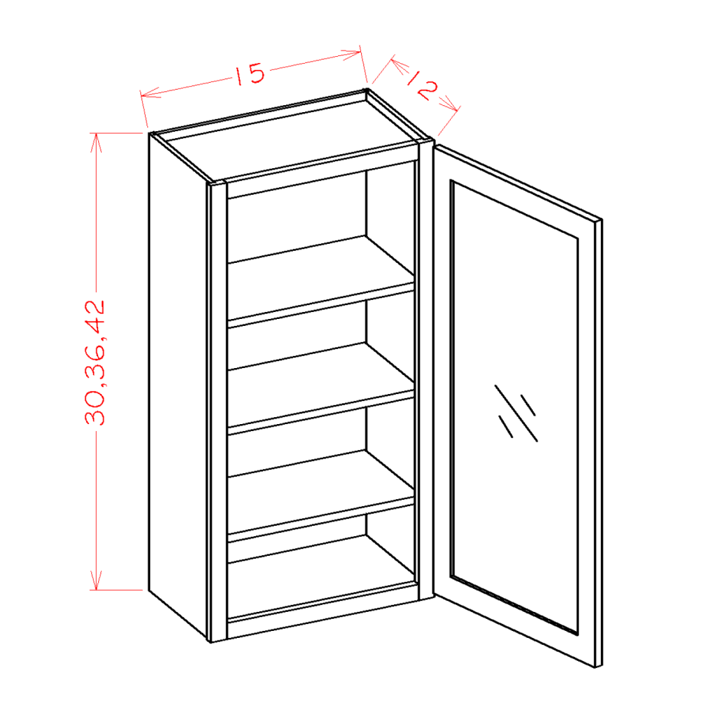 Shaker Cinder Wall Glass Door Cabinet with Finished Interior - 15"W x 36"H x 12"D -1D-2S
