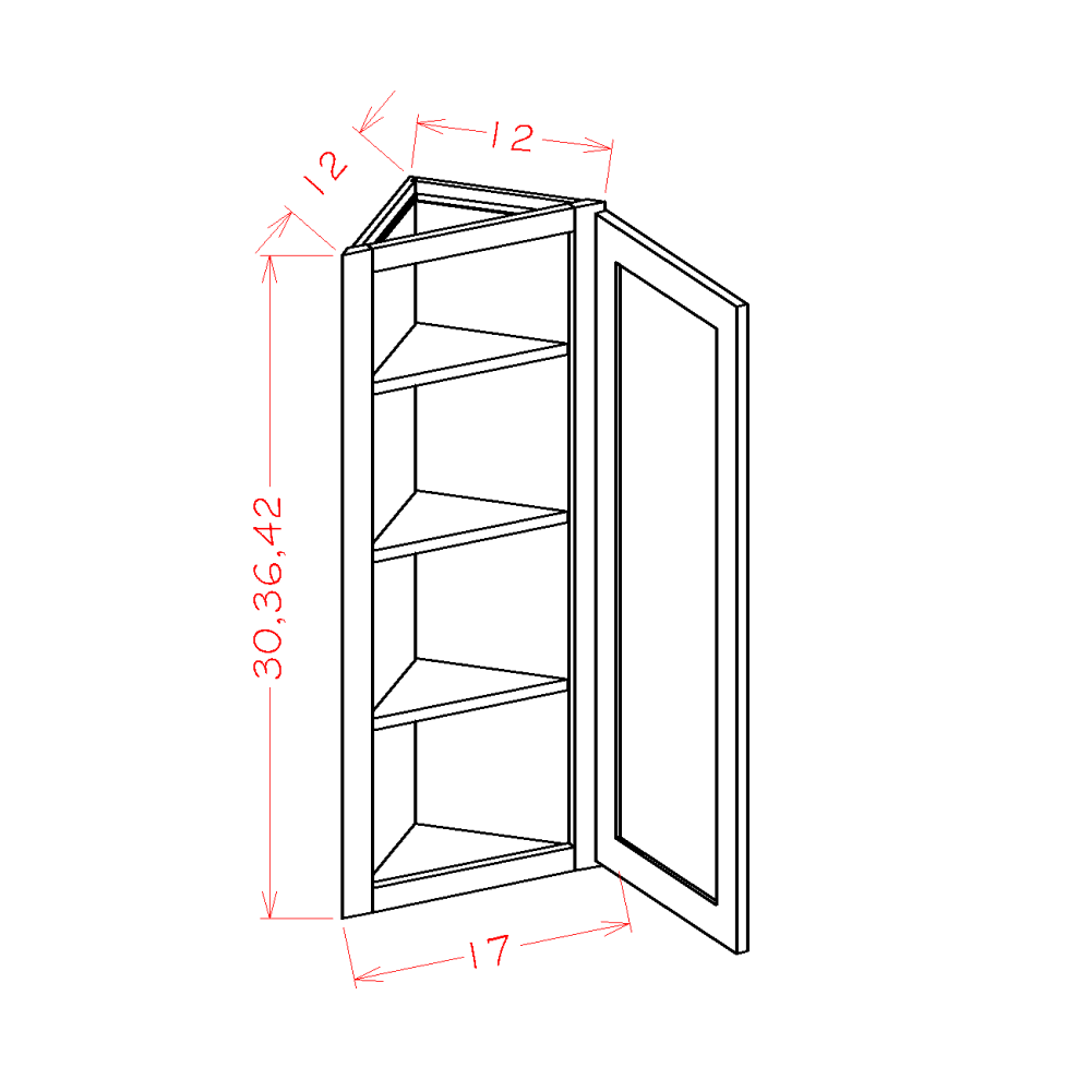 Oxford Toffee Angle Wall Cabinet - 12"W x 42"H x 12"D -1D-3S (Cabinet Frame Width: 17") -1D-3S