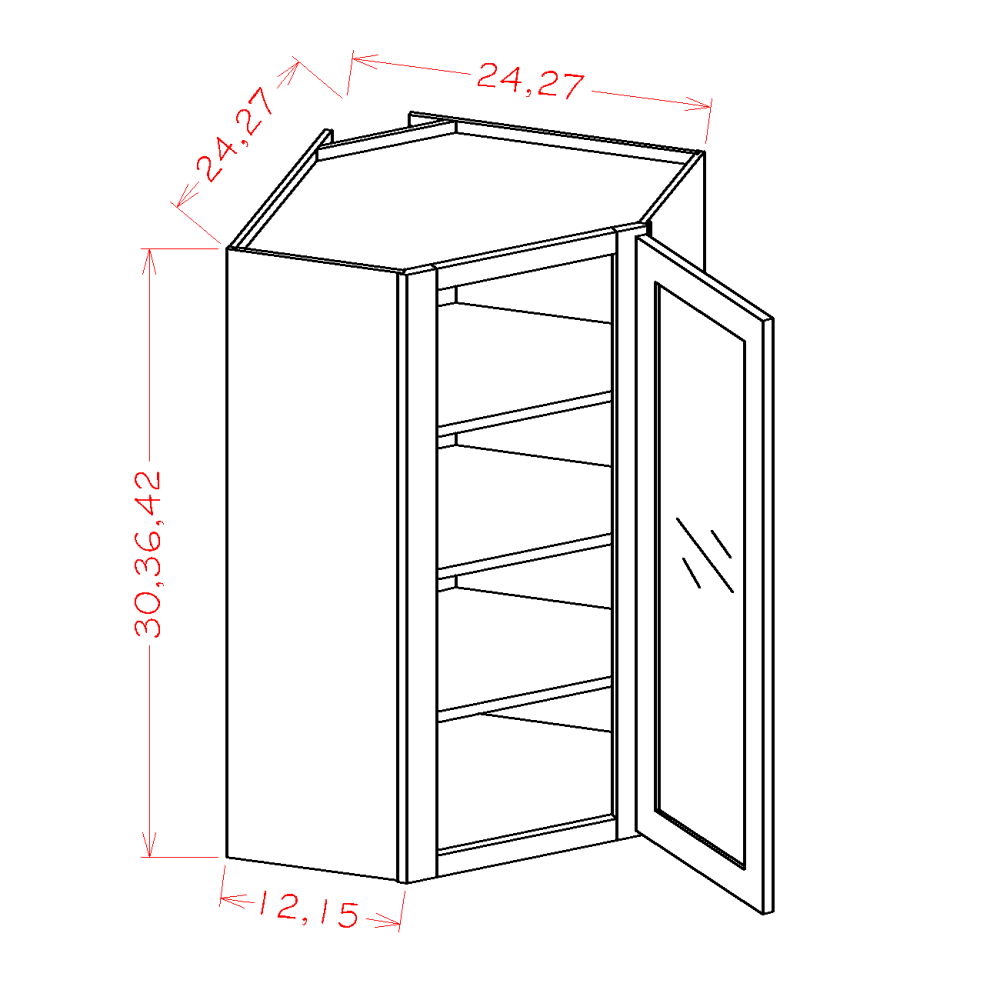 Oxford Toffee Wall Diagonal Glass Door Corner Cabinet with Finished Interior - 24"W x 36"H x 12"D -1D-2S