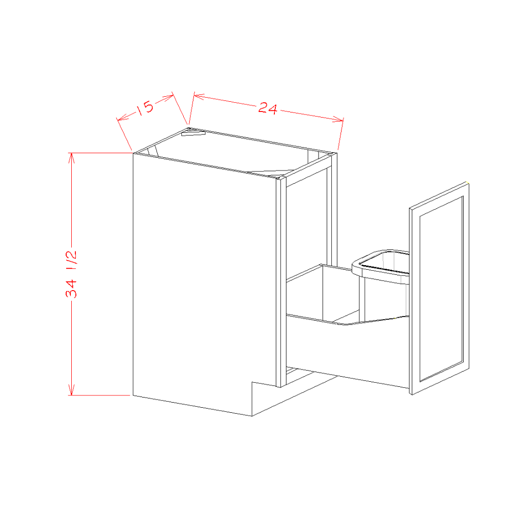 Shaker White Full Height Door Base with Single Trashcan Pullout - 15"W x 34-1/2"H x 24"D -1D-1TC