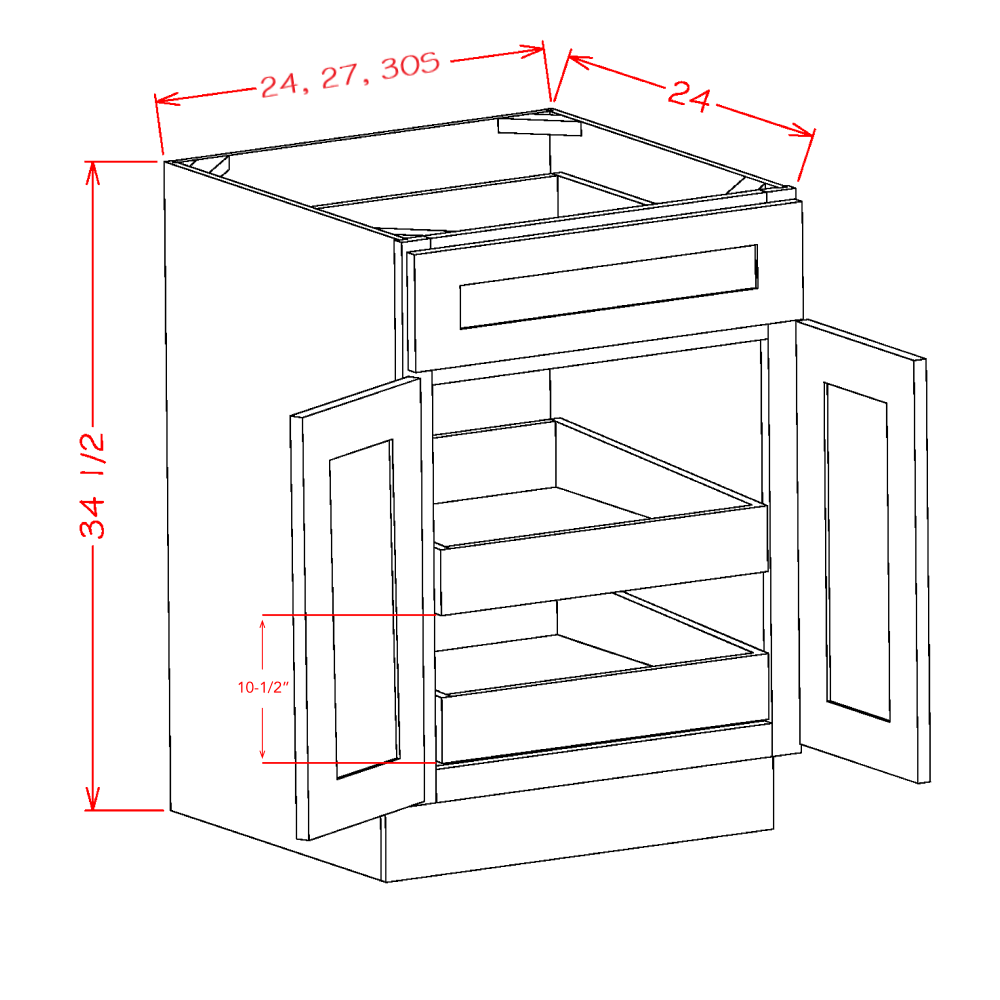 Shaker White Two Rollout Shelf Base Cabinet Kit -27"W x 34-1/2"H x 24"D -2D-1DR-2RSA