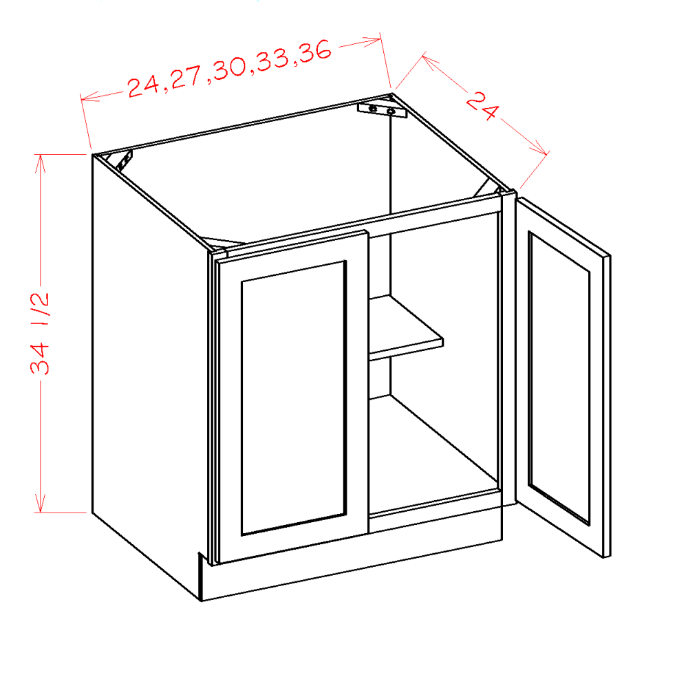 Shaker White Full Height Door Base Cabinet - 27"W x 34-1/2"H x 24"D -2D