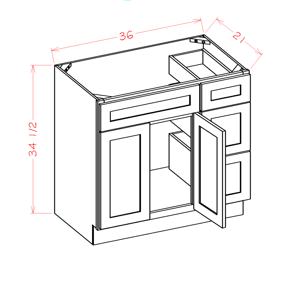 Shaker White Vanity Combo Base Cabinet with Drawers Right - 36"W x 34-1/2"H x 21"D -2D-3DR-1FDR