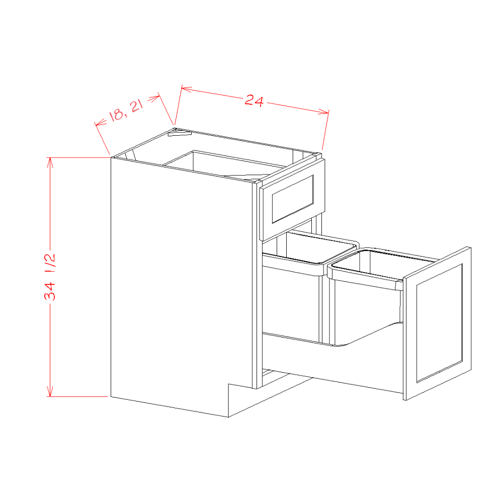 Edgeline White Base with Double Trashcan Pullout - 18"W x 34-1/2"H x 24"D -1D-1DR-2TC