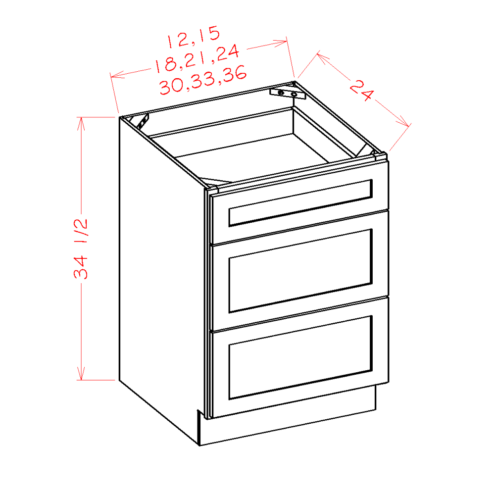 Shaker Black Three Drawer Base Cabinet - 18"W x 34-1/2"H x 24"D -3DR