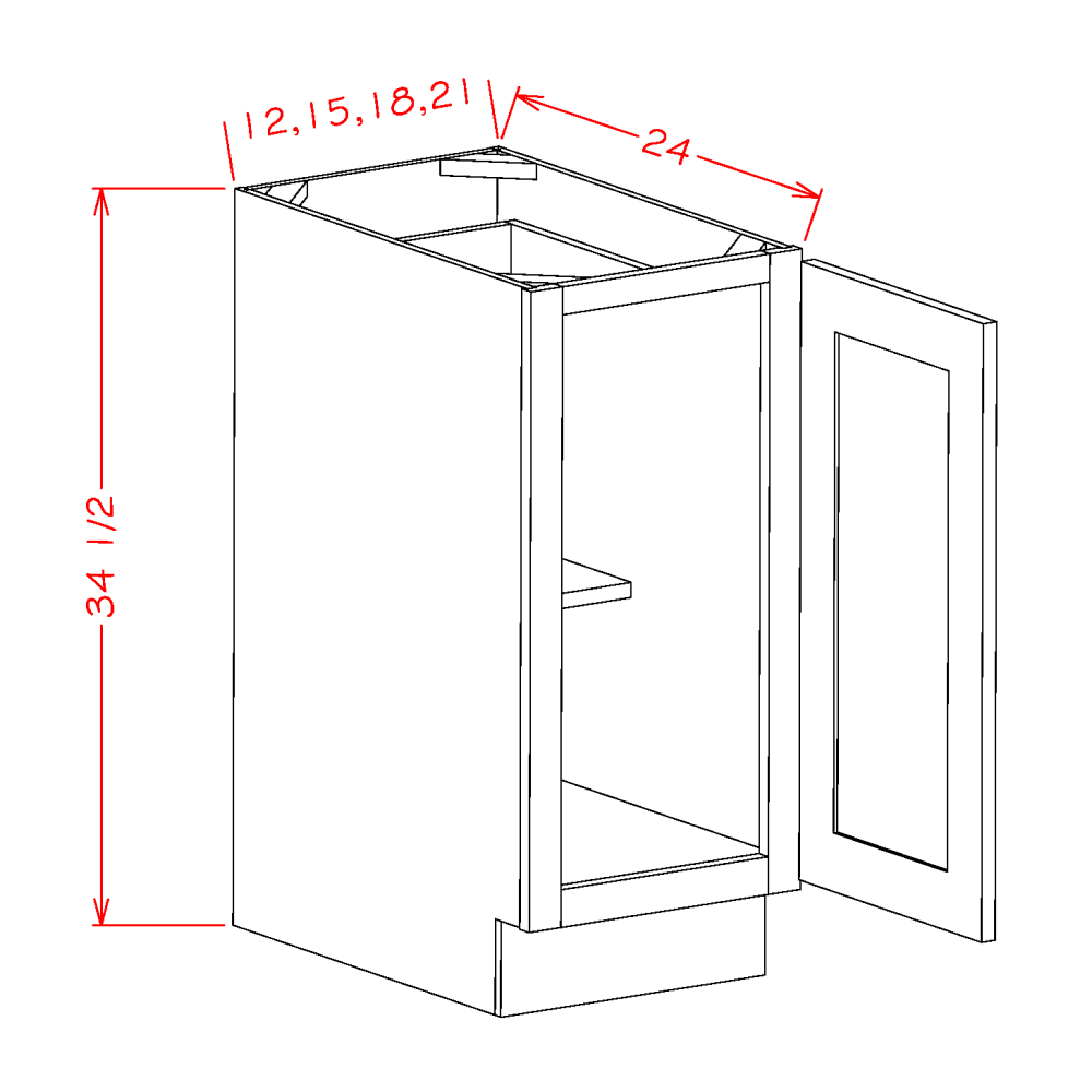 Shaker Grey Full Height Door Base Cabinet - 15"W x 34-1/2"H x 24"D -1D-1S