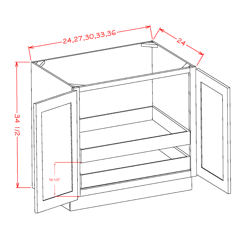 Shaker Antique White Full Height Door Two Rollout Shelf Base Cabinet Kit - 27"W x 34-1/2"H x 24"D -2D-2RSA