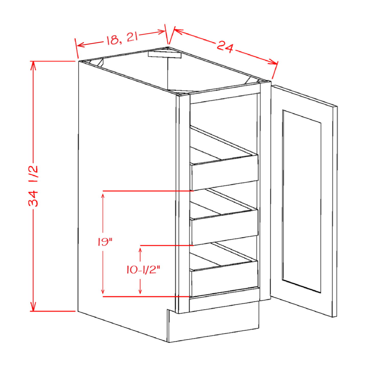 Shaker Black Full Height Door Three Rollout Shelf Base Cabinet Kit - 21"W x 34-1/2"H x 24"D -1D-3RSA