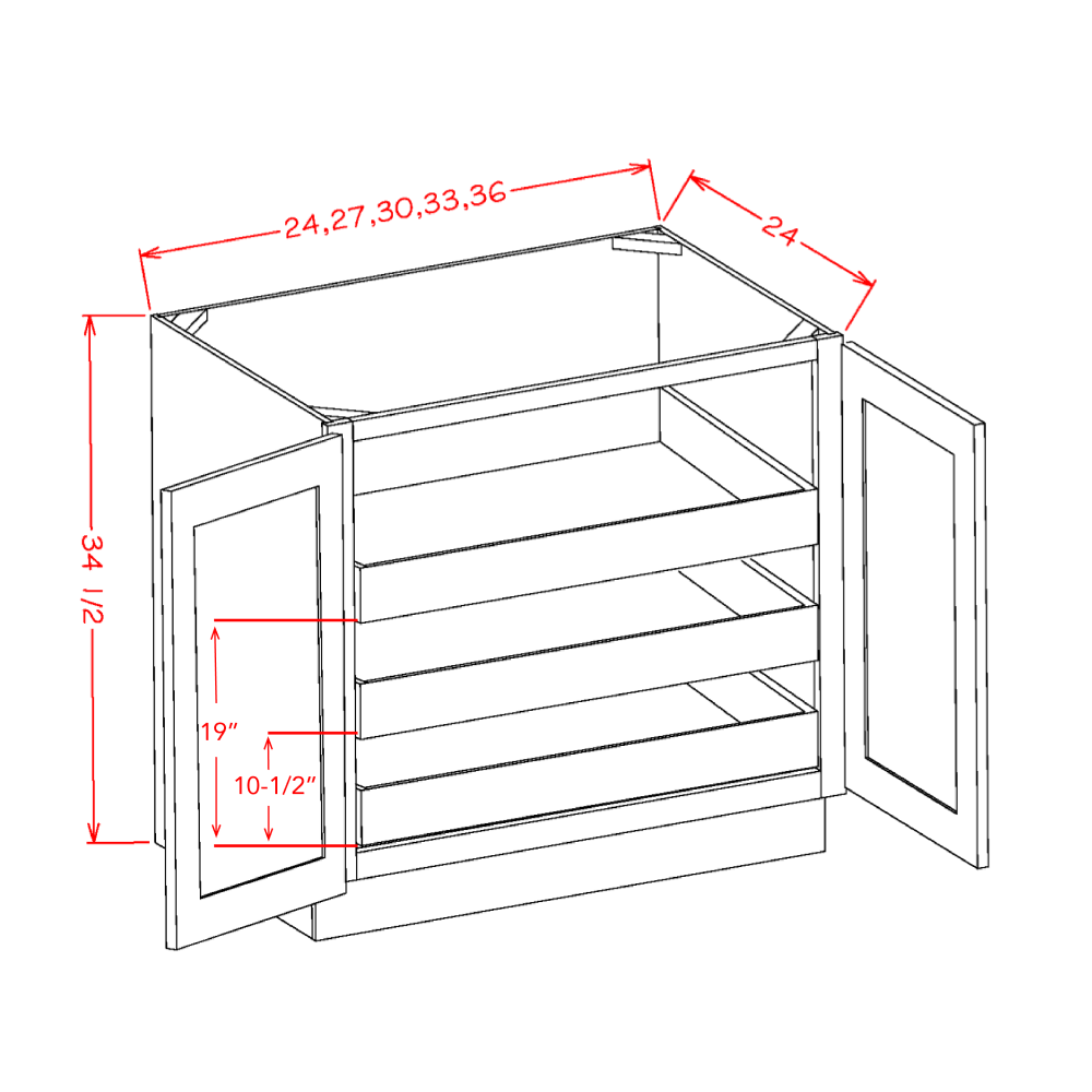 Shaker Antique White Full Height Door Three Rollout Shelf Base Cabinet Kit - 27"W x 34-1/2"H x 24"D -2D-3RSA