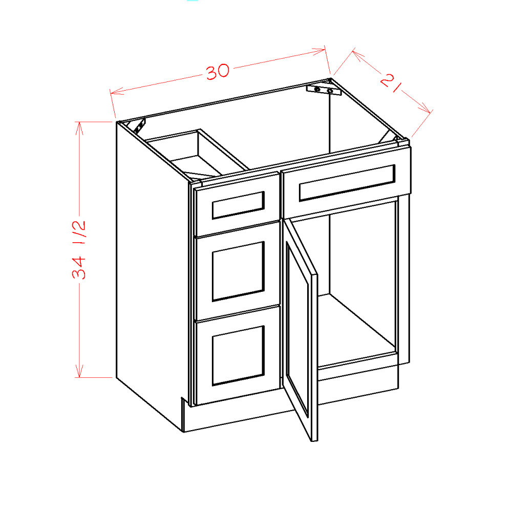 Shaker Grey Vanity Combo Base Cabinet with Drawers Left - 30"W x 34-1/2"H x 21"D -1D-3DR-1FDR