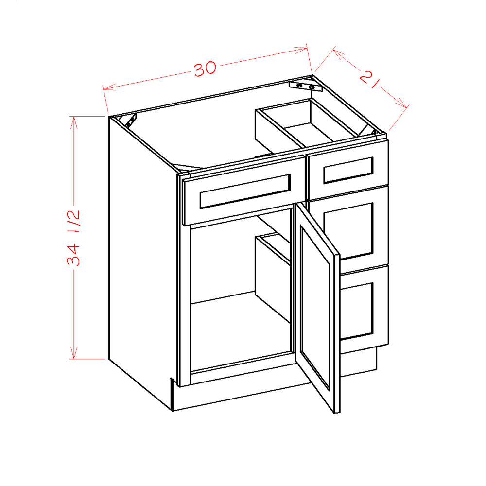 Shaker Black Vanity Combo Base Cabinet with Drawers Right - 30"W x 34-1/2"H x 21"D -1D-3DR-1FDR