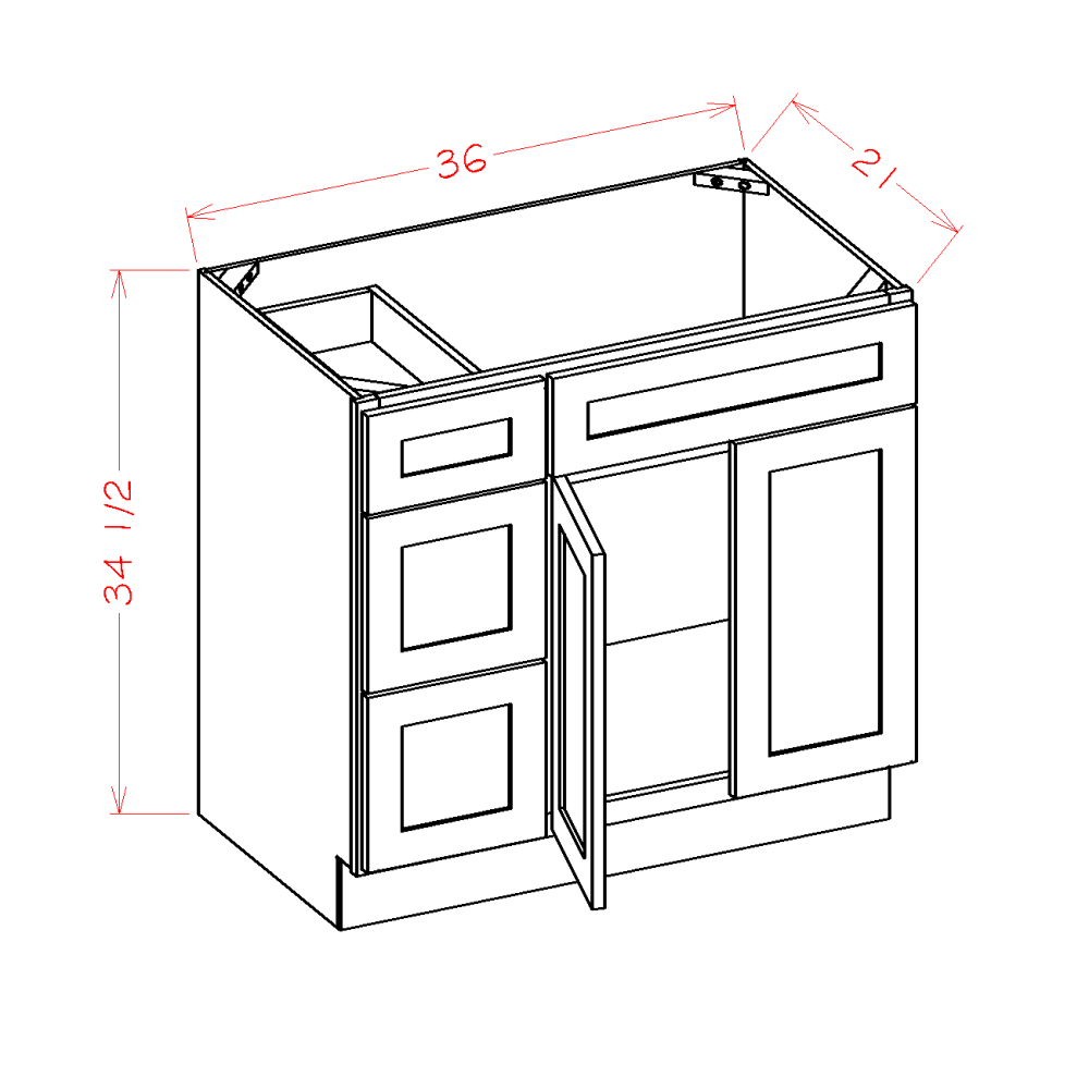 Shaker Black Vanity Combo Base Cabinet with Drawers Left - 36"W x 34-1/2"H x 21"D -2D-3DR-1FDR