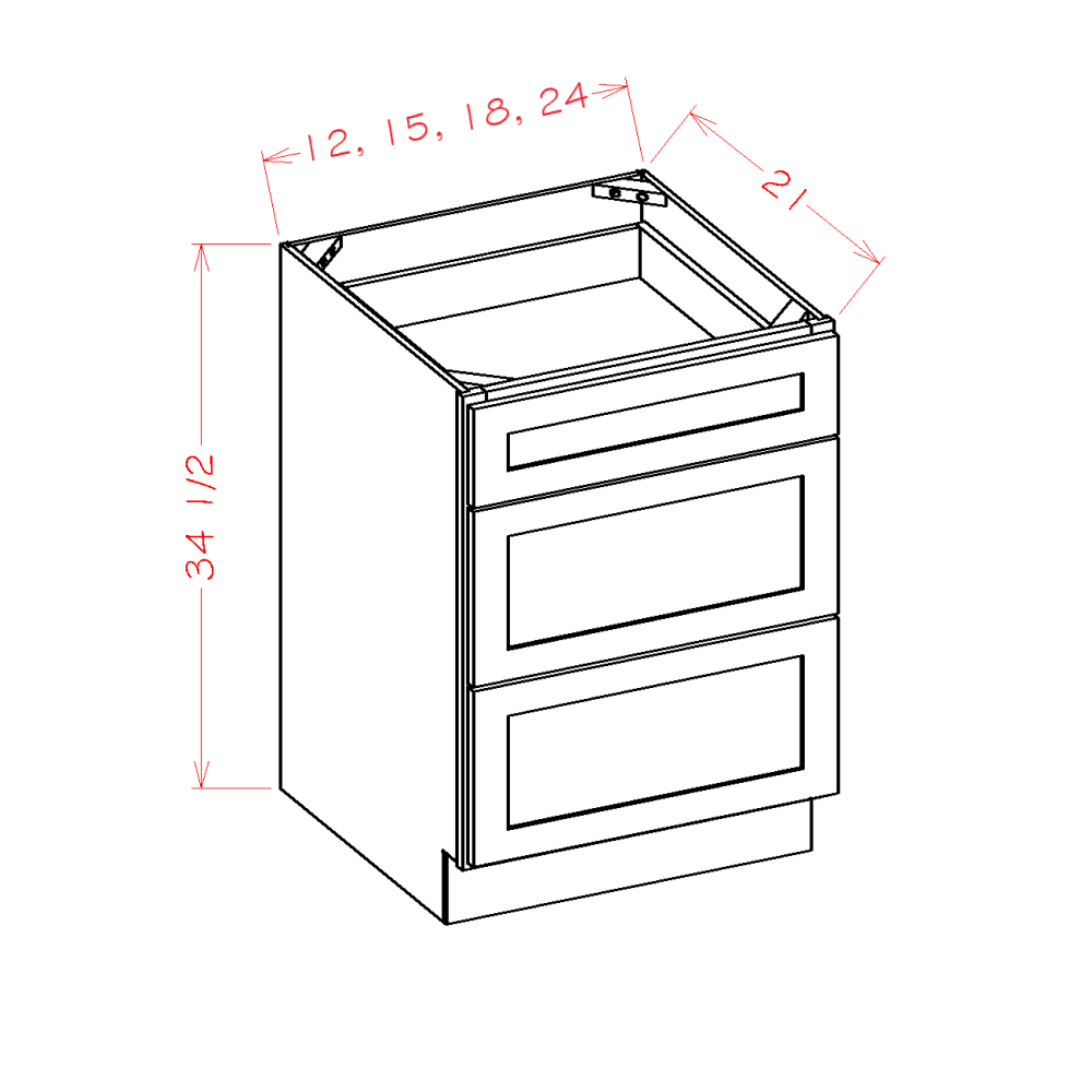 Shaker Black Three Drawer Vanity Base Cabinet - 12"W x 34-1/2"H x 21"D -3DR