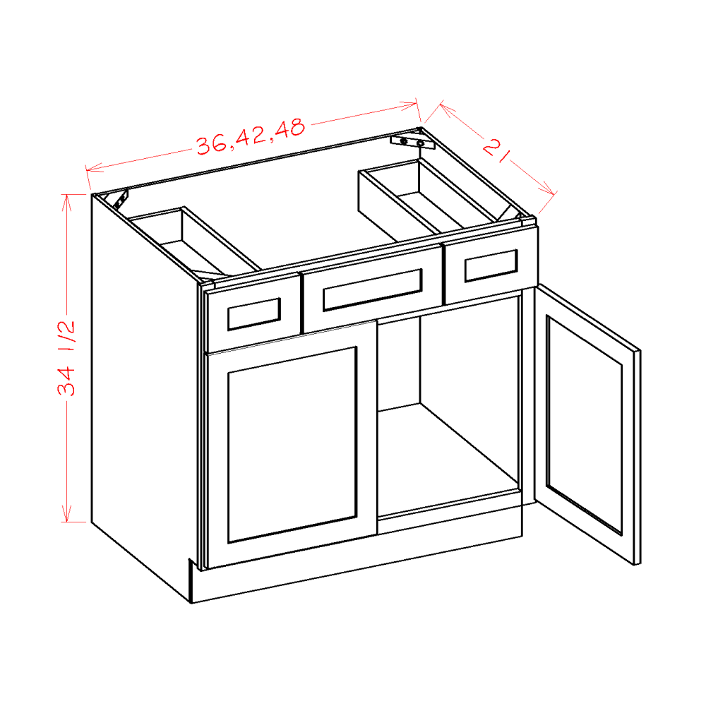 Shaker Black Vanity Combo Base Cabinet - 48"W x 34-1/2"H x 21"D -2D-2DR-1DR