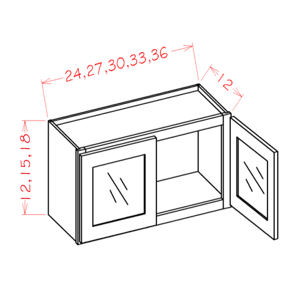 Shaker Grey Stacker Wall Glass Door Cabinet with Finished Interior - 24"W x 15"H x 12"D - 2D