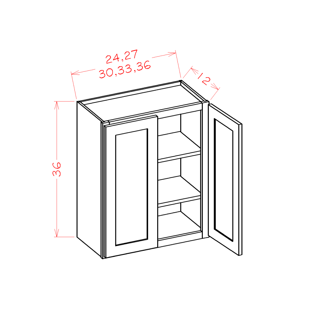 Shaker Black Wall Cabinet - 24"W x 36"H x 12"D -2D-2S