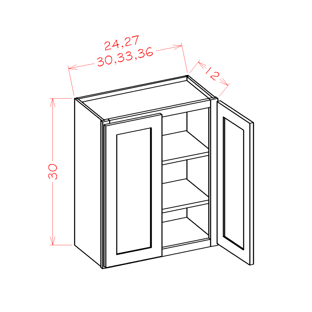 Shaker Black Wall Cabinet - 36"W x 30"H x 12"D -2D-2S