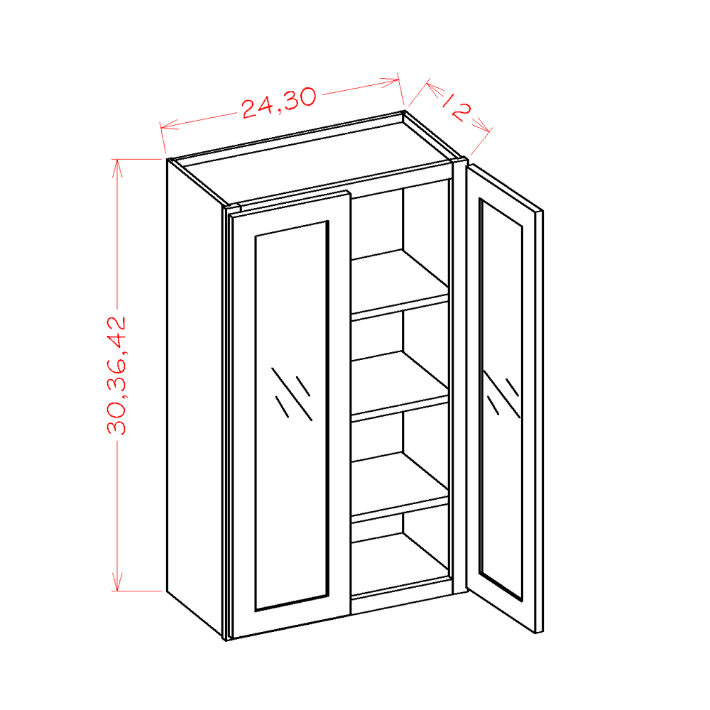 Shaker Dove Wall Glass Door Cabinet with Finished Interior - 24"W x 42"H x 12"D -2D-3S