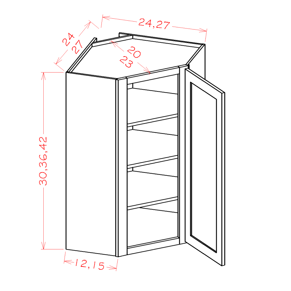 Shaker Grey Wall Diagonal Corner Cabinet - 24"W x 36"H x 12"D -1D-2S