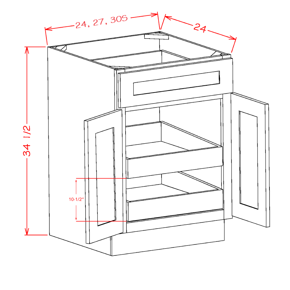 Shaker White Two Rollout Shelf Base Cabinet Kit - 33"W x 34-1/2"H x 24"D -2D-2D-2RSA